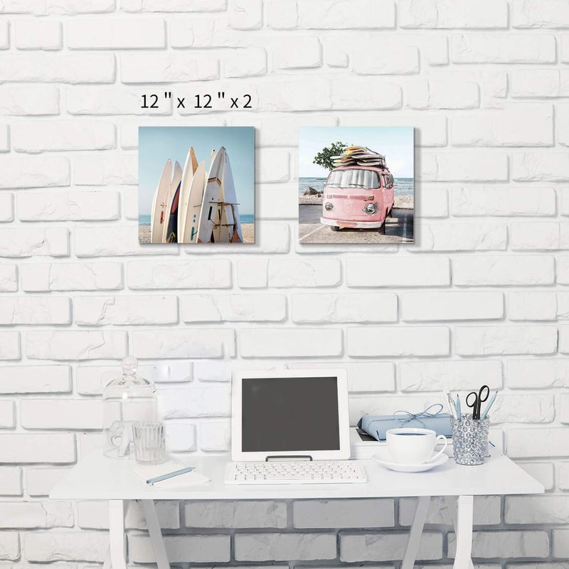 Hardy Gallery Beach Picture Coastal Art Painting: Surfboard & Pink Car Ocean Wall Art on Canvas for Bedroom Bathroom (12â€ x 12â€ x 2 Panels) - Image 2